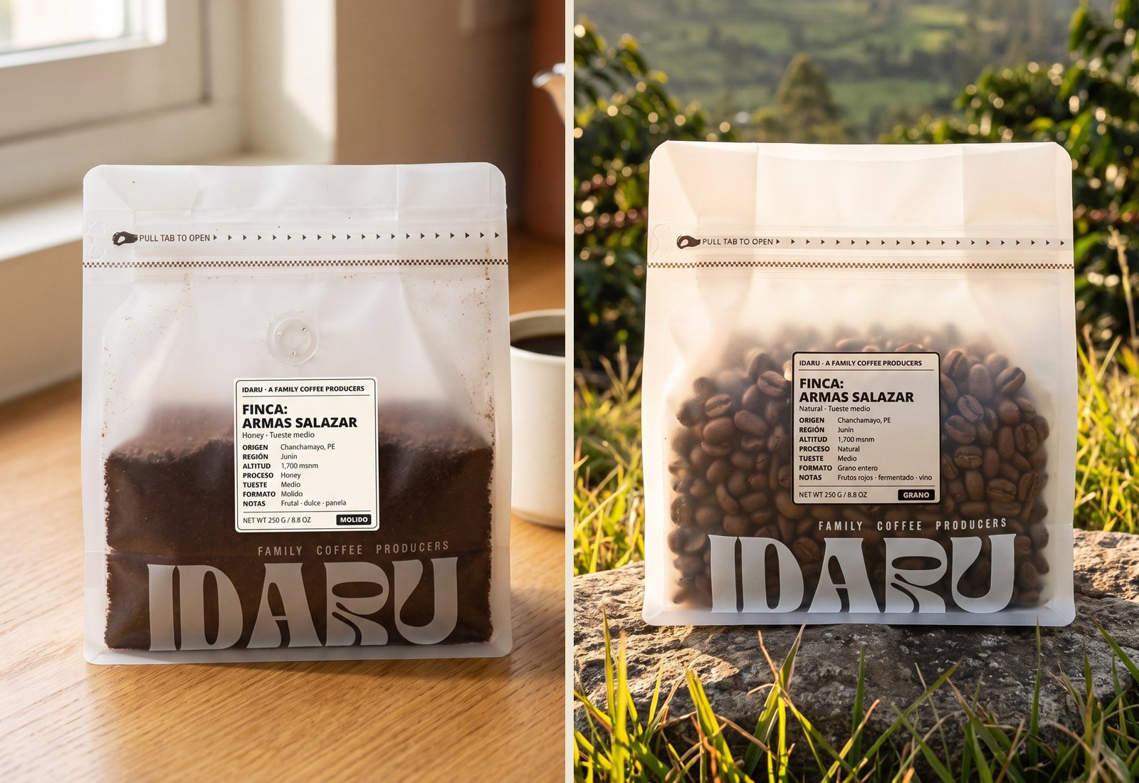 Una bolsa IDARU Honey molido y una Natural en grano, de 250 g cada una